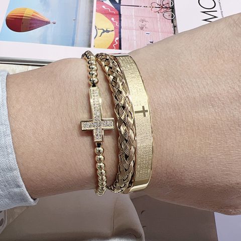 304 Stainless Steel Copper 18K Gold Plated Classic Style Braid Geometric Cross Zircon Bangle