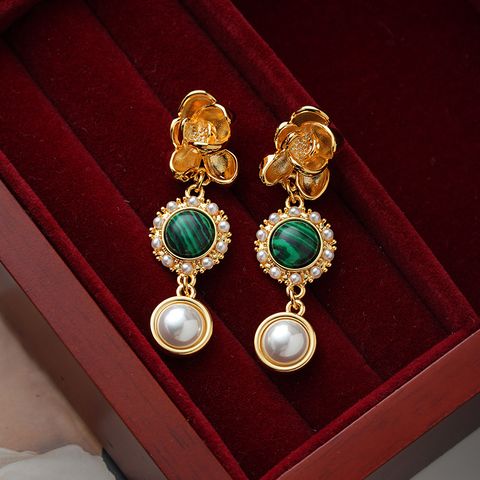 1 Pair Elegant Vintage Style Flower Inlay Copper Artificial Pearls Malachite 18K Gold Plated Drop Earrings