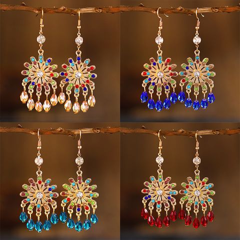 1 Paire Style Vintage Bohémien Les Gouttelettes D'Eau Pétale Cristal Incruster Alliage Strass Boucles D'oreilles