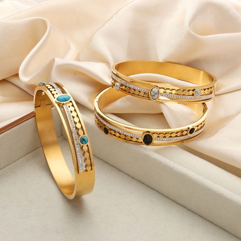 Titanium Steel 18K Gold Plated Casual Simple Style Commute Oval Layered Inlay Turquoise Rhinestones Bangle