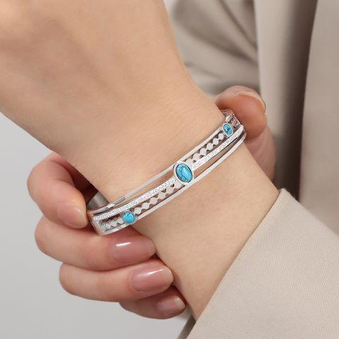 Titanium Steel 18K Gold Plated Casual Simple Style Commute Oval Layered Inlay Turquoise Rhinestones Bangle