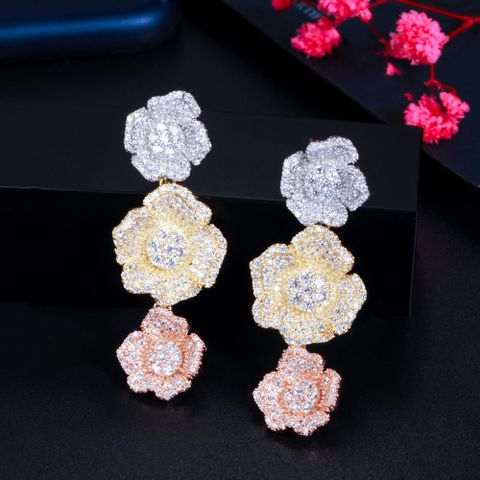 1 Pair Casual Vacation Flower Inlay Copper Zircon White Gold Plated Drop Earrings