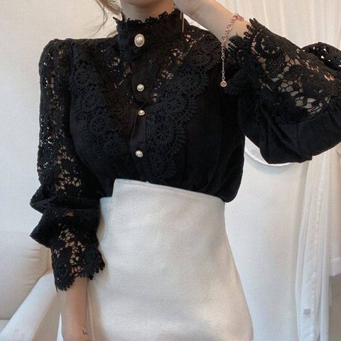 Women's Blouse Long Sleeve Blouses Lace Hollow Out Elegant Solid Color