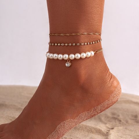 Retro Simple Style Classic Style Round Rhinestones Imitation Pearl Claw Chain Iron Wholesale Anklet