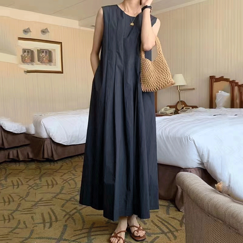 Women's Boho Dress Tea Dress Casual Vacation Simple Style Round Neck Sleeveless Solid Color Maxi Long Dress Daily Street