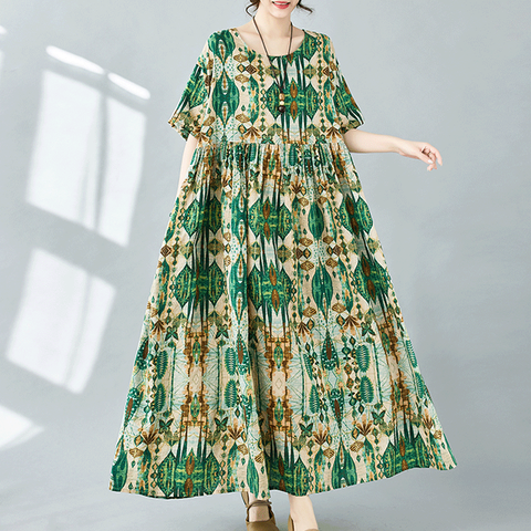 Women's Sundress Boho Dress Bohemian Round Neck Short Sleeve Printing Maxi Long Dress Casual Beach Tea Party