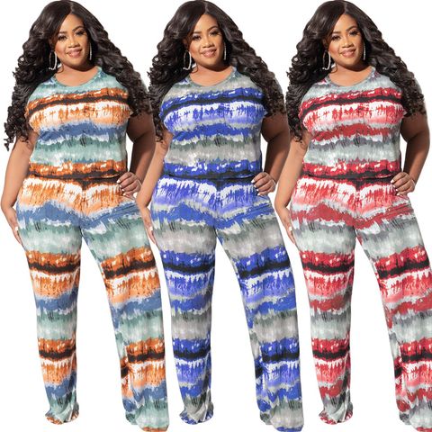 Daily Casual Stripe Polyester Pants Sets Plus Size Two-piece Sets