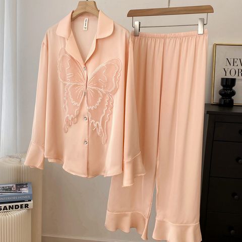 Home Women's Lady Simple Style Solid Color Imitated Silk Polyester Pants Sets Pajama Sets