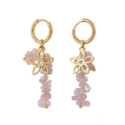 1 Pair Vintage Style Geometric Flower Irregular Stainless Steel Natural Stone Drop Earrings