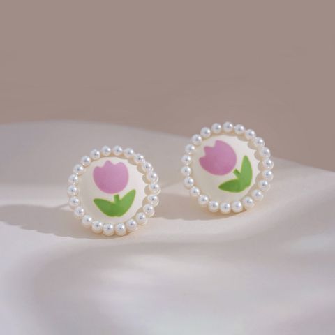 1 Pair IG Style Sweet Round Flower Plating Inlay Alloy Artificial Pearls Ear Studs