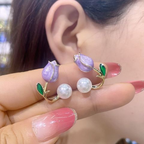 1 Pair Sweet Flower Enamel Plating Inlay Alloy Artificial Pearls Glass Earrings