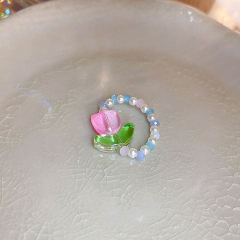 Wholesale Jewelry IG Style Sweet Flower Arylic Imitation Pearl Rhinestone Beaded Rings