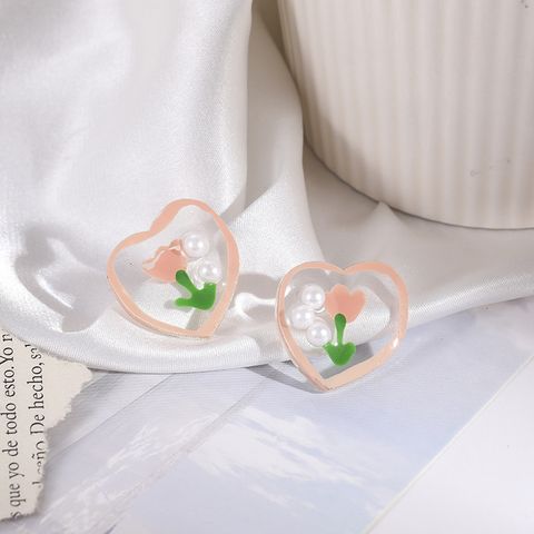 1 Pair Sweet Heart Shape Flower Enamel Inlay Arylic Artificial Pearls Ear Studs
