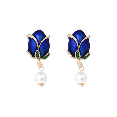 1 Pair Sweet Flower Enamel Plating Inlay Alloy Artificial Pearls Drop Earrings