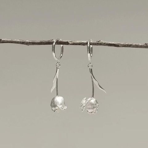 1 Pair Elegant Flower Carving Sterling Silver Drop Earrings