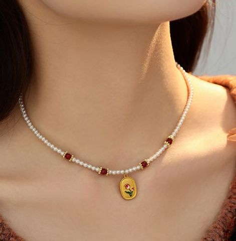 Großhandel Schmuck Pastoral Blume Achat Eisen Kupfer Perlen Überzug Halskette Mit Anhänger