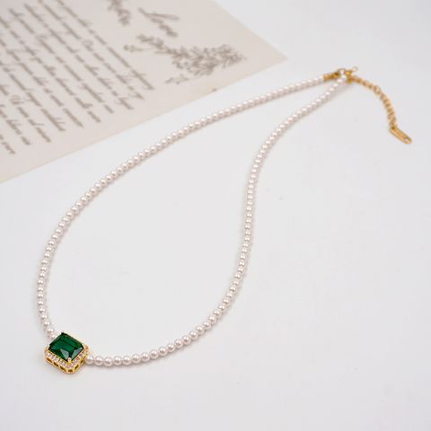 Elegant Vintage Style Handmade Square Titanium Steel Copper Beaded Pearl Inlay Zircon Gold Plated Women's Necklace