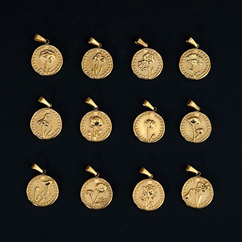 1 Piece Diameter 15mm 304 Stainless Steel 18K Gold Plated Round Constellation Flower Polished Pendant