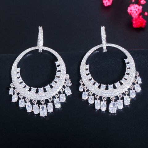 1 Pair Simple Style Shiny Circle Oval Tassel Tassel Inlay Copper Zircon White Gold Plated Drop Earrings