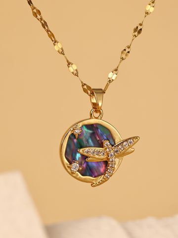 Stainless Steel 18K Gold Plated IG Style Luxurious Round Dragonfly Painted Inlay Shell Zircon Pendant Necklace