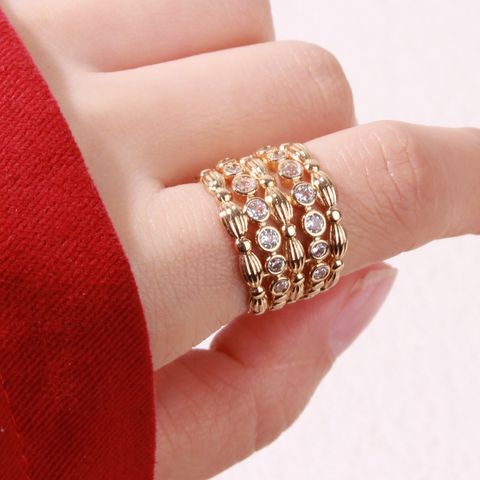 Wholesale Classical Luxurious Romantic Solid Color Copper Shiny Metallic Inlay Gold Plated Zircon Wide Band Rings