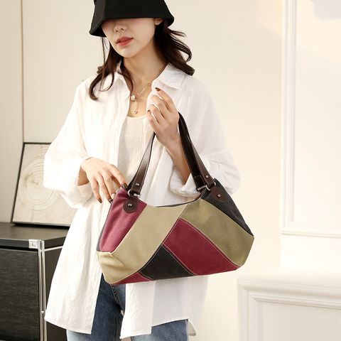 Women's Canvas Color Block Vintage Style Sewing Thread Pillow Shape Zipper Shoulder Bag