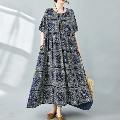 Women's Swing Dress Boho Dress Vacation Ethnic Style Bohemian Round Neck Short Sleeve Printing Maxi Long Dress Daily