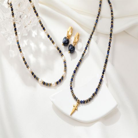 Elegant Simple Style Heart Shape Stainless Steel Freshwater Pearl Lapis Lazuli Women's Pendant Necklace