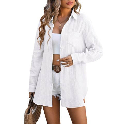 Women's Blouse Long Sleeve Blouses Pocket Basic Classic Style Solid Color
