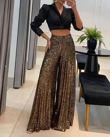 Women's Daily Vintage Style Streetwear Solid Color Full Length Sequins Casual Pants Flared Pants