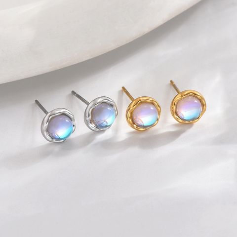 1 Pair IG Style Elegant Simple Style Round Inlay 304 Stainless Steel Moonstone 14K Gold Plated Ear Studs