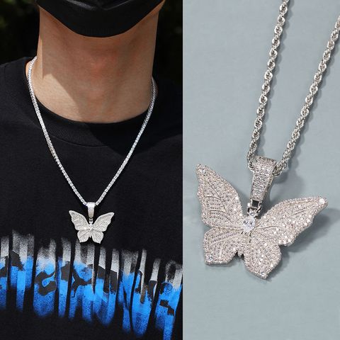 Hip-Hop Butterfly Copper Inlaid Zircon Unisex Pendant Necklace