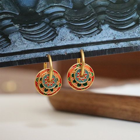 1 Pair Vintage Style Flower Enamel Copper Drop Earrings