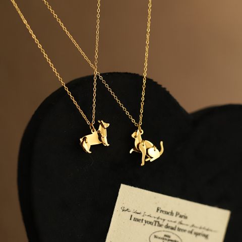 201 Stainless Steel 304 Stainless Steel Gold Plated Cute Asymmetrical Dog Pendant Necklace