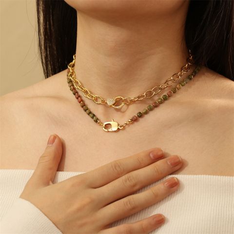 Stone Copper 18K Gold Plated IG Style Handmade Commute Geometric Heart Shape Beaded Inlay Zircon Necklace