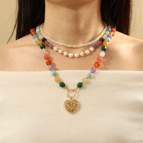 Freshwater Pearl Stone Copper 18K Gold Plated IG Style Commute Heart Shape Beaded Inlay Zircon Pendant Necklace Necklace