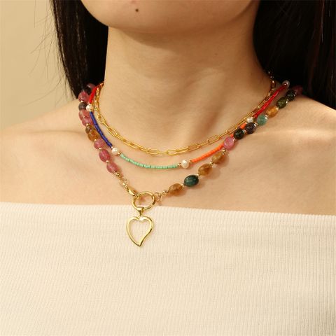 Stone Copper 18K Gold Plated IG Style Vacation Streetwear Heart Shape Beaded Layered Necklaces Necklace