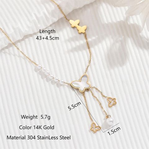 Stainless Steel Imitation Pearl Shell 14K Gold Plated IG Style Shiny Beaded Inlay Butterfly Shell Zircon Double Layer Necklaces Pendant Necklace
