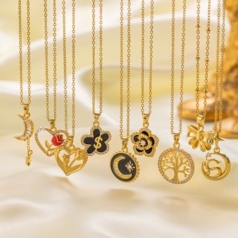 304 Stainless Steel 18K Gold Plated Elegant Simple Style Commute Hollow Out Inlay Moon Life Tree Flower Artificial Rhinestones Pendant Necklace