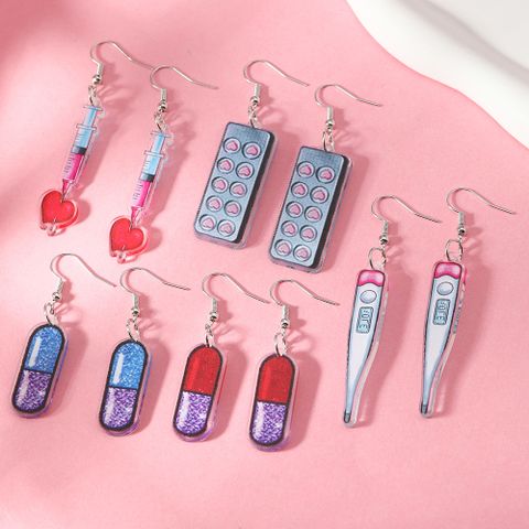 1 Pair Casual Cute Thermometer Pill Needle Arylic Silver Plated Drop Earrings