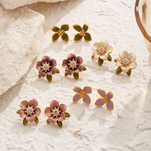 1 Pair Original Design Romantic Flower Enamel Inlay Copper Artificial Pearls Rhinestones Zircon 18K Gold Plated Ear Studs
