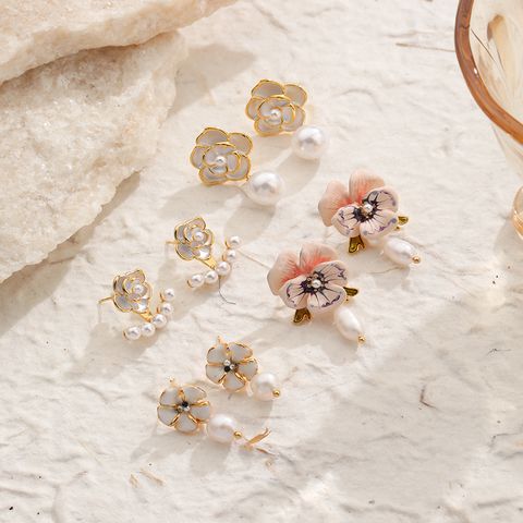 1 Pair Elegant Romantic Flower Inlay Copper Artificial Pearls 18K Gold Plated Drop Earrings Ear Studs