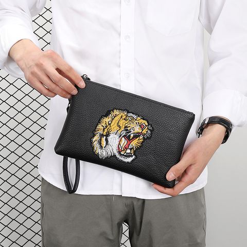Men's Tiger Pu Leather Embroidery Zipper Clutch Bag