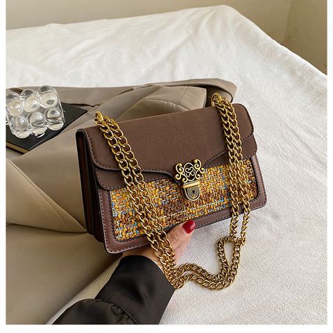 Women's Medium Pu Leather Color Block Classic Style Lock Clasp Crossbody Bag