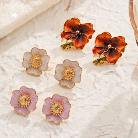1 Pair Vacation Romantic Flower Enamel Copper 18K Gold Plated Ear Studs