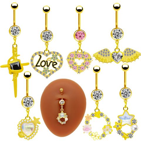 1 Piece Belly Rings Simple Style Shiny Star Heart Shape Wings 316 Stainless Steel  Alloy Hollow Out Inlay Acrylic Rhinestones Glass Gold Plated