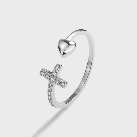 Sterling Silver Simple Style Cross Heart Shape Plating Inlay Zircon Open Rings