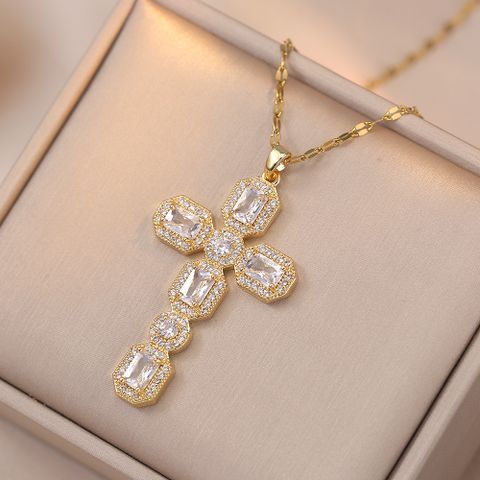 Titanium Steel Vintage Style Cross Diamond Pendant Necklace