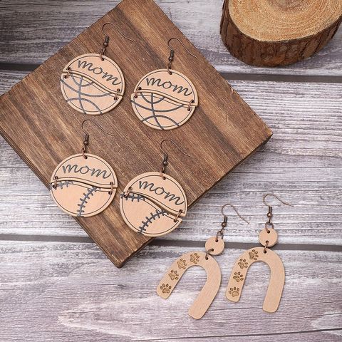 1 Pair Retro U Shape Letter Ball Wood Drop Earrings