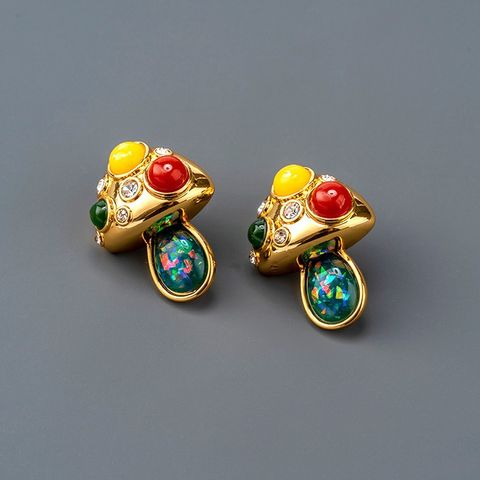 Retro Mushroom Copper Inlay Gem Resin Ear Studs 1 Pair